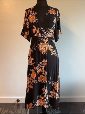 SHEIN Black Midi Wrap Dress with Orange Floral Print